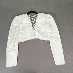 Vintage Ladies Bolero Jacket White- Criss-Cross Back/Delicate Lace Trim
